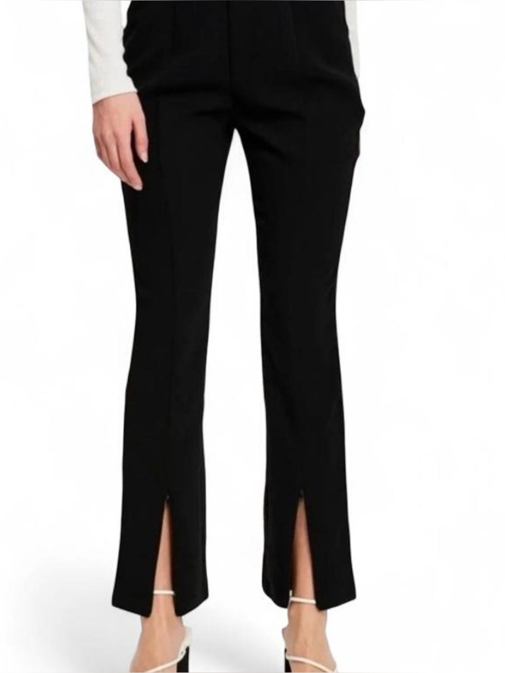 H&M Pants Sz L Stretchy Black Front-Slit Pull On Creased Leg Leggings Feminine